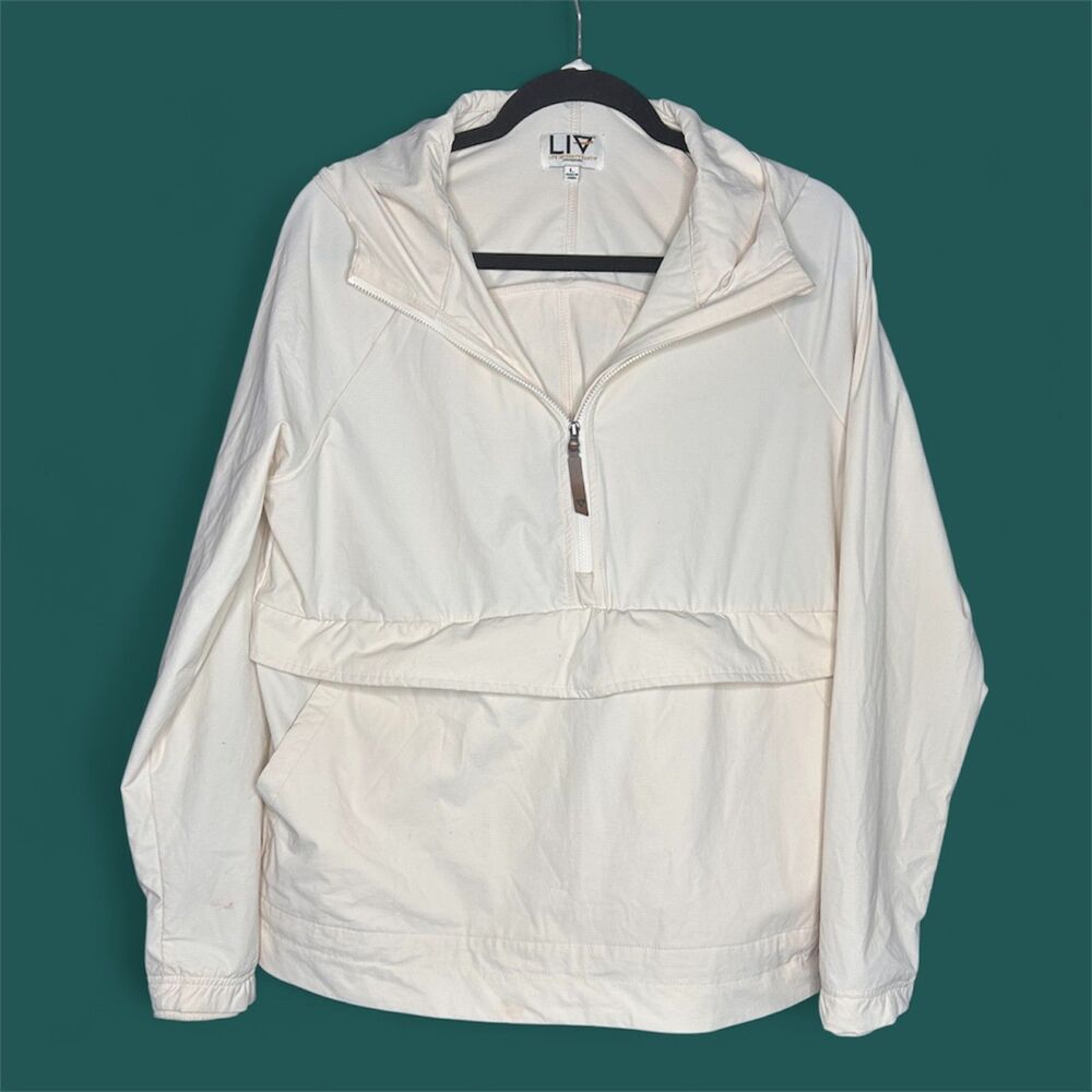 LIV Womens Cream Half-Zip Hoodie Pullover - L Sporty Hiking Outdoors Lightweight